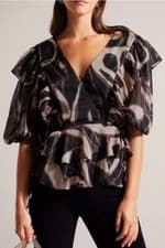 Image of TED BAKER Jasmyna Ruffle Top Blk/Pink V Neck Short Sleeves Size 2 (10) BNWT