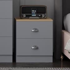 Image of Matt Grey 2 Drawer Bedside Cabinet Oak Top Metal Cup Handles Bedroom Furniture