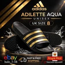 Image of Adidas Adilette Aqua Slides Black Gold UK 8 Unisex Slip On Sandals Pool Sliders