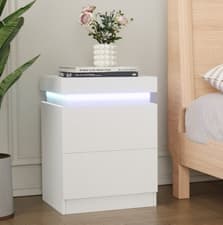 Image of 2 Drawer Bedside Table Cabinet Charging Station LED Nightstand Storage White