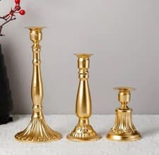 Image of Set of 3 Gold Pillar Candle Holders Metal Decorative Stand Wedding Centerpiece