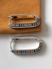 Image of 925 Sterling Silver Rainbow CZ Pave Huggie Hoop Earrings Multicolour Crystal