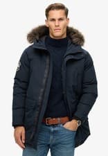 Image of Superdry Parka Jacket Hooded Padded Winter Coat Faux Fur Hood Everest Blue Navy