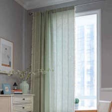 Image of UK Stripe Curtain Panel Slot Top Checked Cotton Linen Textured Curtains Tassels