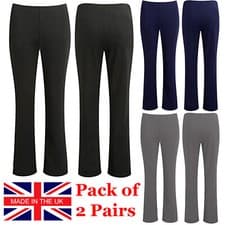 Image of 2 PACK WOMENS BOOTLEG TROUSERS STRETCH LADIES SOFT RIBBED PULL ON BOTTOMS PANTS