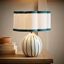 Image of Teal Stripe Ceramic Table Lamp Scallop Lampshade Bedside Bedroom Light LED Bulb