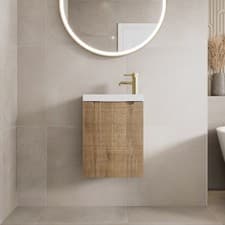 Image of 400mm Bathroom Cloakroom Vanity Unit Basin Sink Wall Hung Storage Fluted Oak