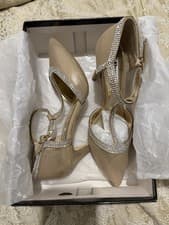 Image of Dune London ‘Dilla’ Gold Shimmer Fabric - Diamanté Court Shoes UK Size 6