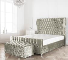 Image of ICE SILVER CRUSHED VELVET WESTMINSTER WINGED BED + MATTRESS + BUTTON CHOICE