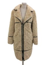 Image of Sosandar Women's Coat Size 12 Neutral Textured Borg Longline Black Trims New