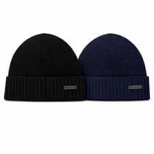 Image of HUGO BOSS Fati Beanie Hat Mens 100% Virgin Wool BNWT Black Navy Logo RRP £59