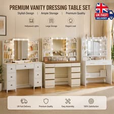 Image of Vanity Makeup Desk Dressing Table with Led Lights Large Mirror 7 Drawers White