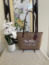 Image of COACH Fiona Zip Tote Bag Signature Canvas&Leather Horse And Carriage Print