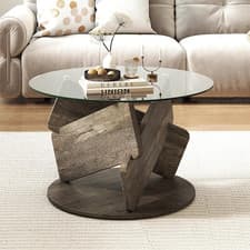 Image of Coffee Table Round Glass Wooden Base Storage Modern Living Room Centre Table