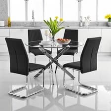 Image of 4 Seater 100cm Round Glass Dining & Kitchen Table & 4 Padded Faux Leather Chairs
