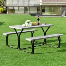 Image of Folding Outdoor Picnic Table Bench Set Rectangular Heavy Duty Frame Grey