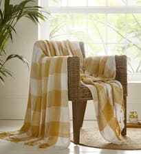Image of EPSOM OCHRE THROW YELLOW GEOMETRIC GEO CHECK TASSEL BLANKET CHAIR SOFA COVER