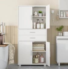 Image of White Kitchen Bathroom Cabinet Tall Storage 4 Doors 2 Drawers Adjustable Shelves