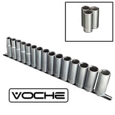 Image of VOCHE® 15PC 1/2" DRIVE HEAVY DUTY METRIC DEEP SOCKET SET 10-24mm + STORAGE RAIL