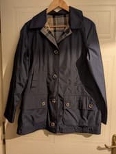 Image of Women's Barbour Navy Blue Reversible Mac Rain Coat Classic Tartan Lining Size 14