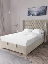 Image of Franklin Velvet Lift Up Ottoman Bed Double Natural Buttoned Headboard