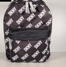 Image of DKNY Black Rucksack Backpack Bag White DKNY Logo All Over- New