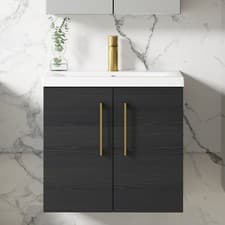 Image of Nuie Arno Wall Hung 2-Door Vanity Unit with Basin-1 600mm Wide - Black Woodgrain