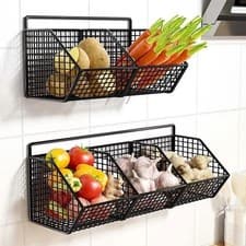 Image of Wall Mounted Wire Storage Basket Vegetable Fruit Rack Kitchen Organiser Shelf