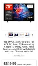 Image of TCL V6C Smart TV 75-inch 4K Ultra HD Google TV 75V6C-UK