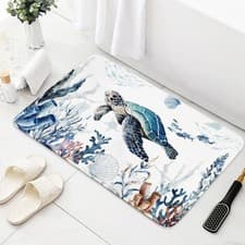 Image of Bath Mat, Summer Ocean Turtle Seashells Starfish Soft Microfiber Absorbent Bath