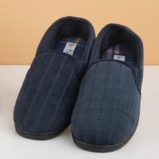 Image of The Slipper Company Mens Slippers Blue Adults Full Navy Checked Pattern SIZE