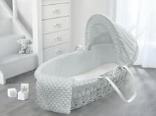 Image of Luxury Grey White Wicker Moses Basket Fully Dressed Dimple Stars White Grey