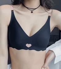 Image of Women’s Black-Heart Print Padded Bra-Wireless-Scollop Trim Bra-Comfy/Breathable