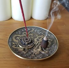 Image of Chinese Dragon Incense Holder Round metal Plate Stick Cone Coil Ash Catcher