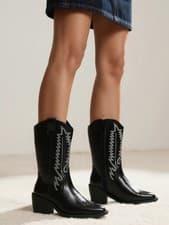 Image of TRENDY COWBOY BOOT BLACK FAUX LEATHER MID CALF HEIGHT FULL INSIDE ZIP