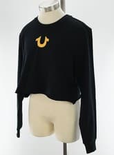 Image of TRUE RELIGION Black Cropped Crew Neck Raw Hem Branded Sweatshirt SMALL NWT