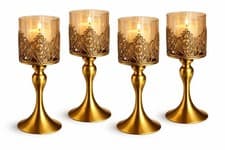 Image of 11" tall pillar Candle Holder Metal glass Ornaments RusticRetro Candlestick Gold
