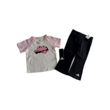 Image of Adidas Baby Girl Logo Pink T Shirt Black Leggings  2pc Set size 12 Months NWT