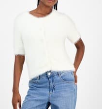 Image of And Now This Women’s Fuzzy Eyelash Short Sleeve Button Down Cardigan White M