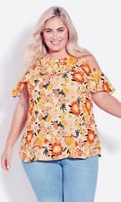 Image of Pretty yellow/pink/orange cold shoulder blouse, by Evans, Size18, BNWT, RRP £32