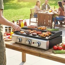 Image of 3Burner Grill Griddle Tabletop Gas Plancha BBQ Grease Cup Warming Rack Barbecue