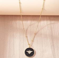 Image of Fancy Gold Plated Steel Chain Necklace With Black Enamel Bee Pendant