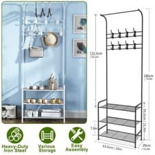 Image of Coat Rack and Shoe Storage Metal Hall Tree Hallway Clothes Stand with 16 Hooks