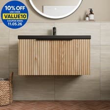 Image of 800mm Fluted Wall Hung Bathroom Vanity Unit Wood Black Ceramic Basin Soft Close