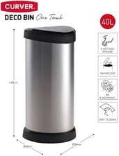 Image of CURVER Metal Effect One Touch Deco Bin, Silver, 40 Litre