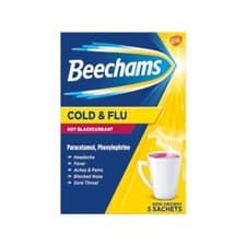 Image of Beechams Cold & Flu Hot Blackcurrant Sachets x 5 Headache Fever Congestion