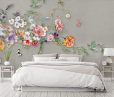 Image of 3D Watercolor Floral Bird Wallpaper Wall Mural Removable Self-adhesive 11