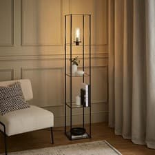 Image of Metal Frame Shelf Floor Lamp Glass Panel Storage Living Room Free Standing Light