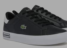 Image of LACOSTE TRAINERS GENUINE - POWERCOURT IN BLACK/WHITE - UK KIDS SIZE 2 - NEW