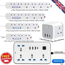 Image of 4 Gang Way UK Mains Plug Power Extension Lead Cable Electricity Cord  2  5 10 M